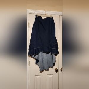 K.JORDAN HI/LO DENIM MIDI SKIRT WITH FRONT ZIPPER